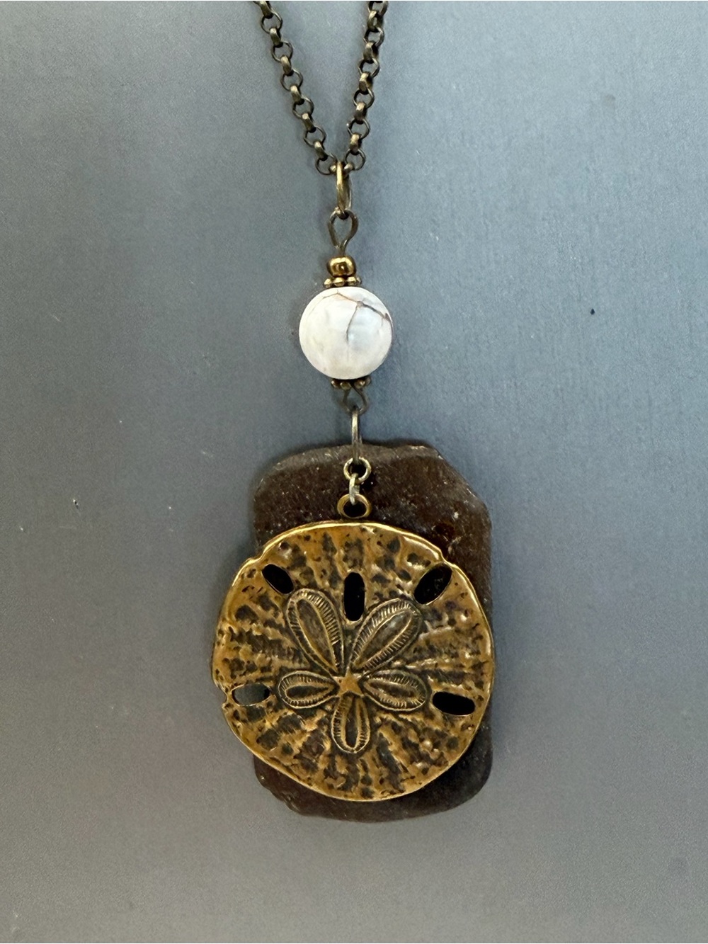 Artisan Sea Glass Amber Tone Pendant w/Antique Bronze Tone Sand Dollar Necklace
